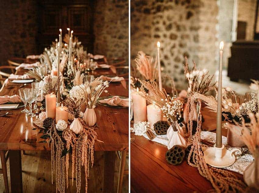Camino de mesa de velas y flores. Editorial Benigalip. Sweet Event WP